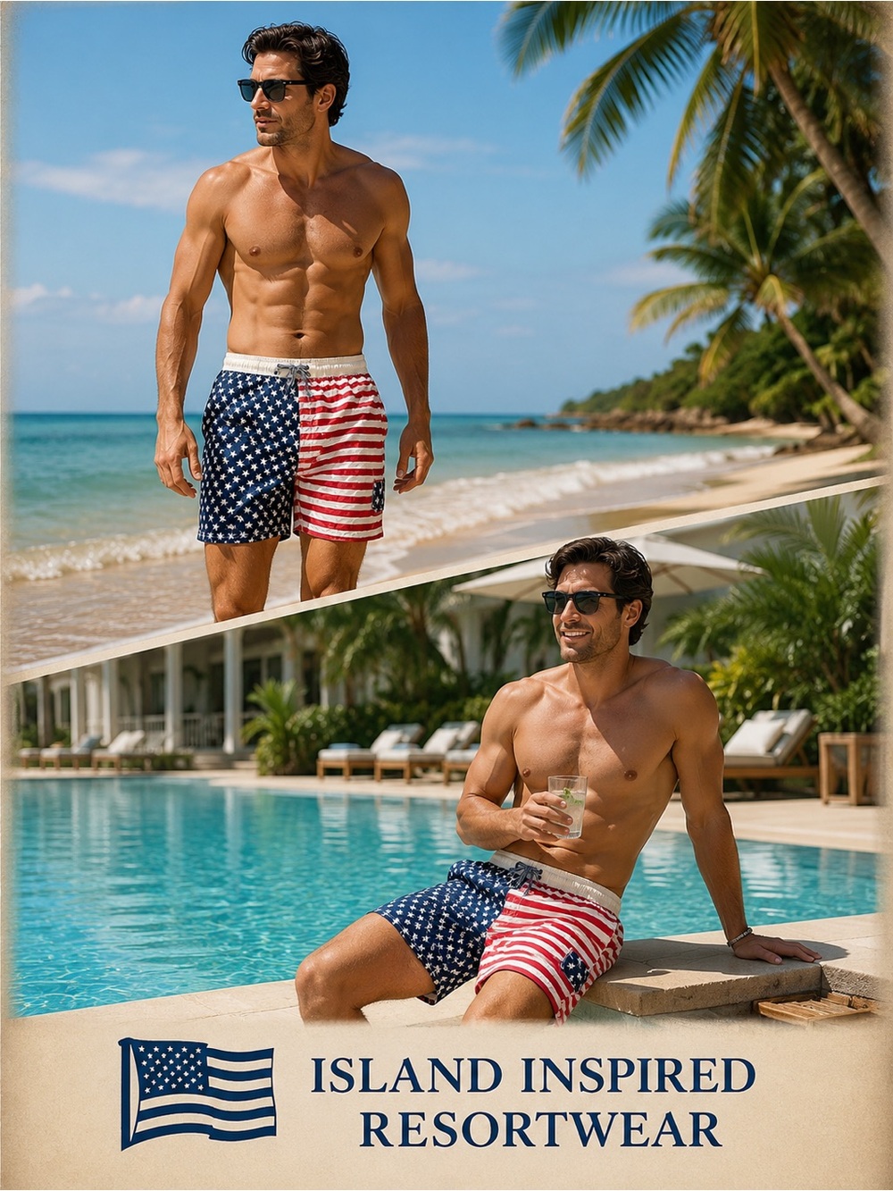 🇺🇸Men's Patriotic Star and Stripe Swim Shrunks Shorts Island Inspired ResortWear